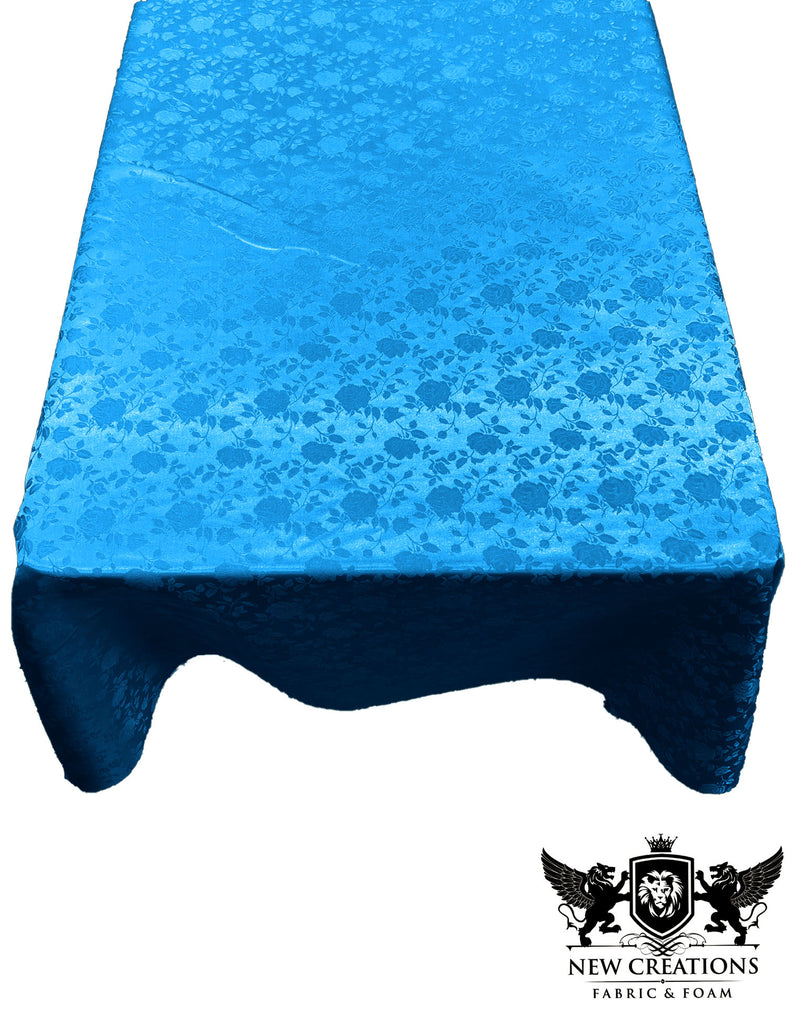 Turquoise Rectangular Tablecloth Roses Jacquard Satin Overlay for Small Coffee Table Seamless.