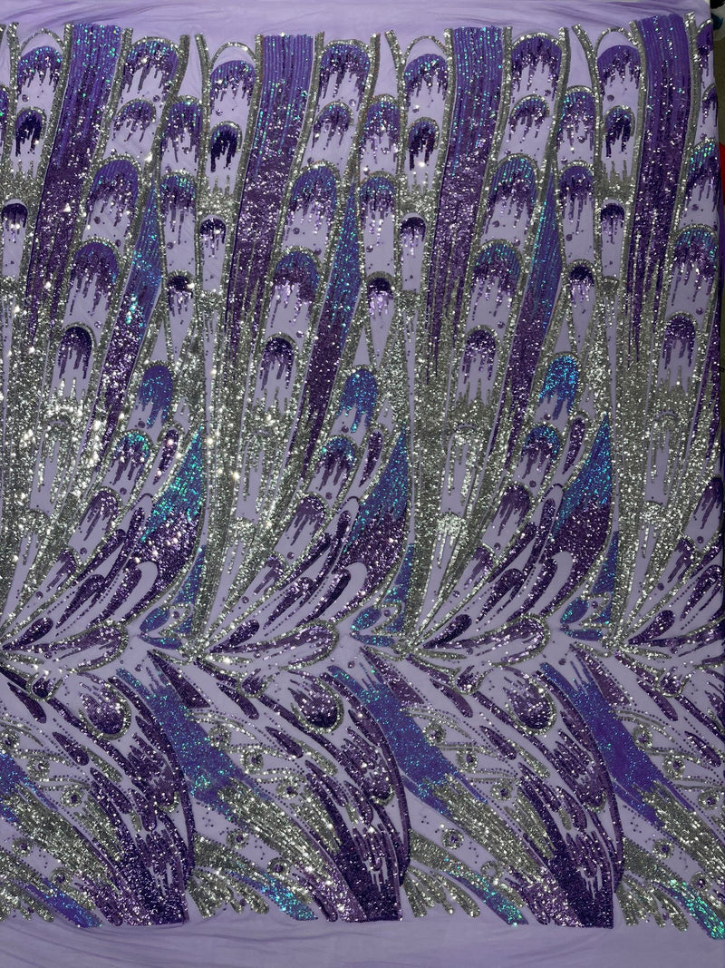 Iridescent Feather sequin design, 4 way stretch mesh Fabric-prom-sold by the yard.