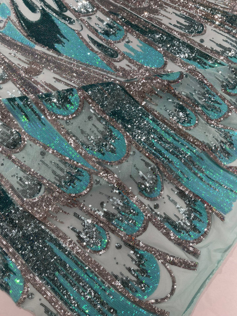 Iridescent Feather sequin design, 4 way stretch mesh Fabric-prom-sold by the yard.