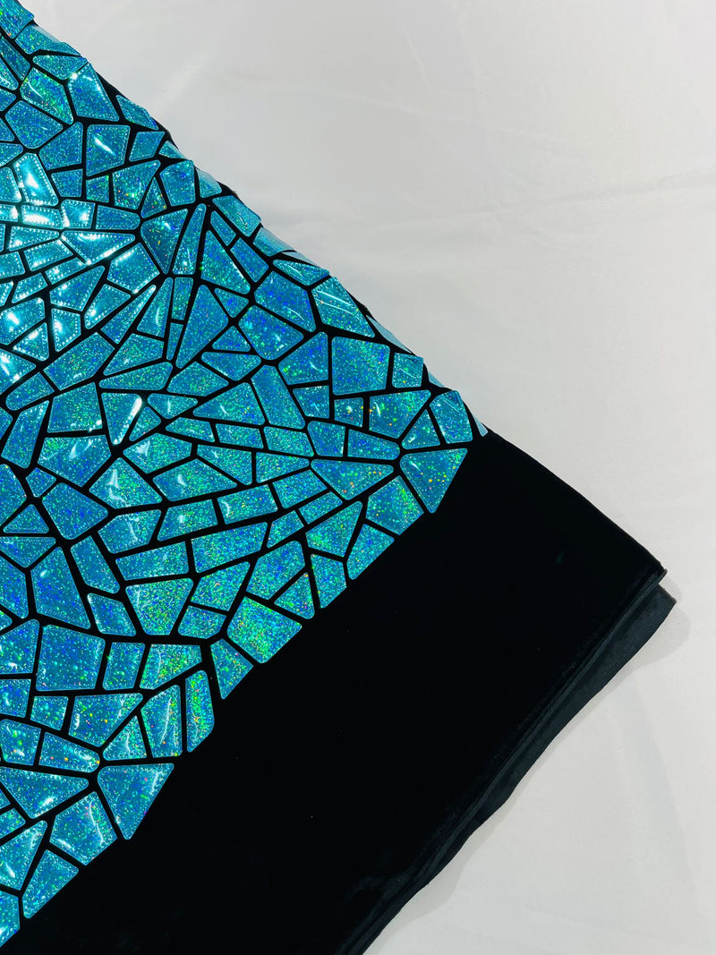 Broken Glass Sequin Design/Geometric/ On Black Stretch Velvet Fabric Sold By The Yard.