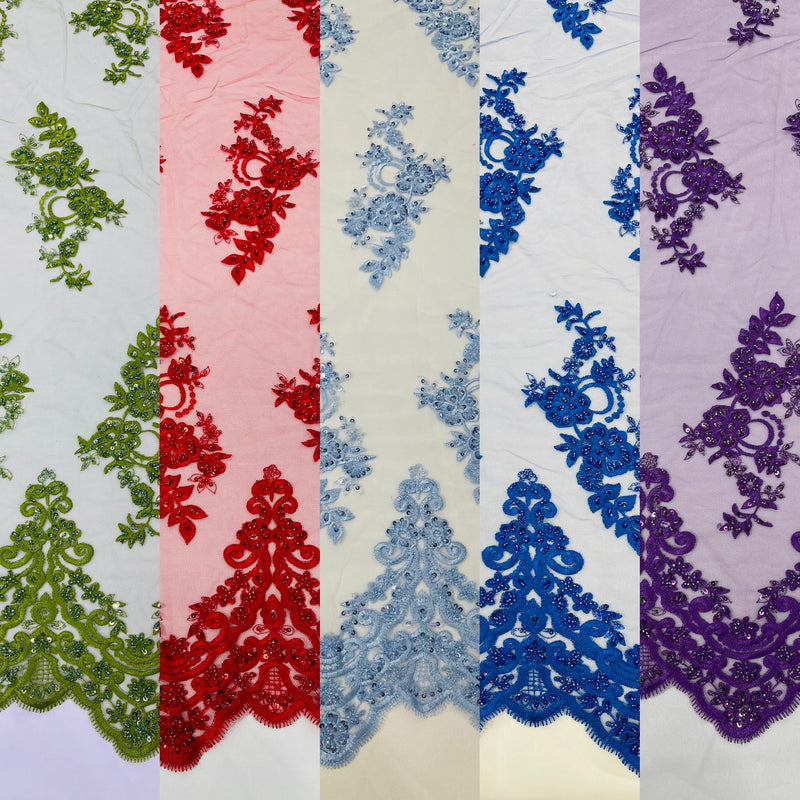 ELEGANT BEADED FLORAL LACE ON MESH FABRIC (By The Yard)