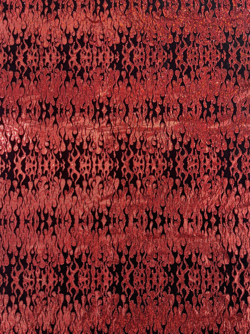 Hot Rod Tricot Holographic 4 Way Spandex With Black Flocking Flames And Red Glitter Fabric-