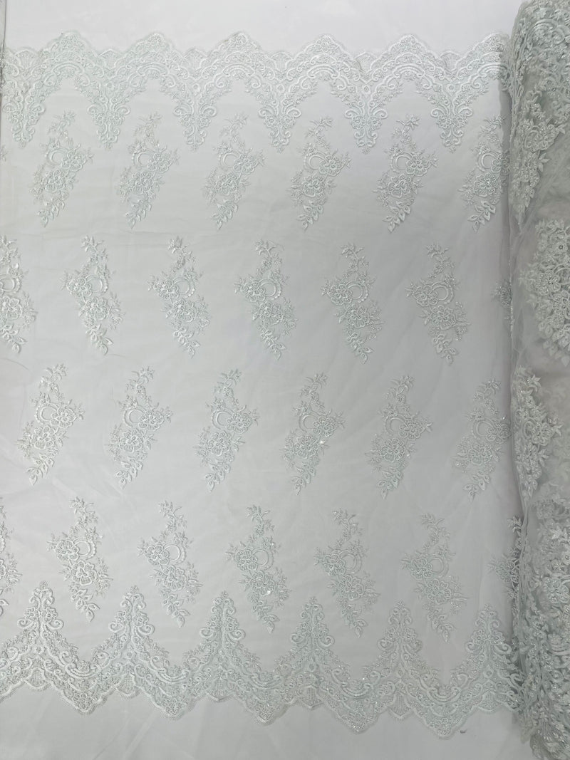 ELEGANT BEADED FLORAL LACE ON MESH FABRIC (By The Yard)