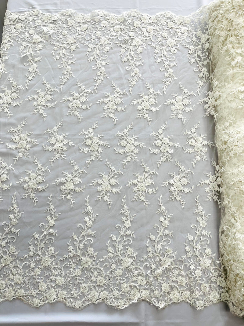 BIG FLORAL DAMASK BEADED MESH LACE FABRIC (By The Yard)