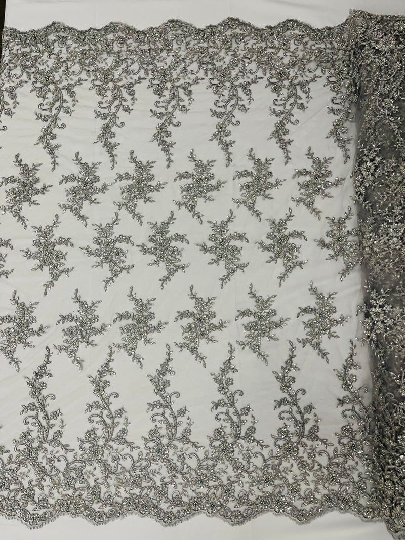 BIG FLORAL DAMASK BEADED MESH LACE FABRIC (By The Yard)