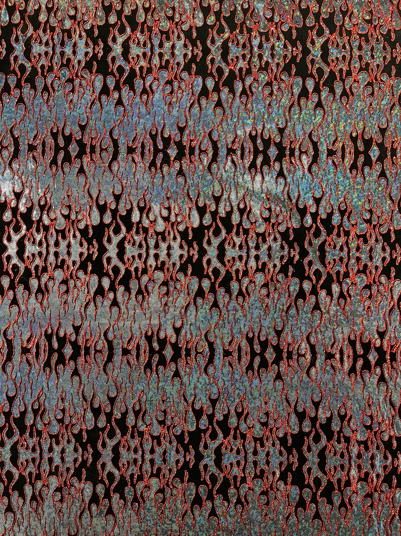 Hot Rod Tricot Holographic 4 Way Spandex With Black Flocking Flames And Red Glitter Fabric-
