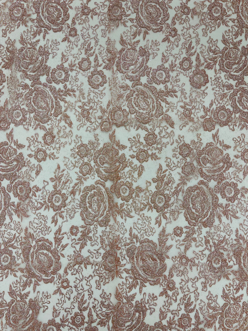 3D Full Roses Chunky Glitter Design On A Mesh Lace Fabric/Prom.