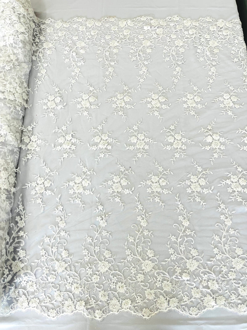 BIG FLORAL DAMASK BEADED MESH LACE FABRIC (By The Yard)