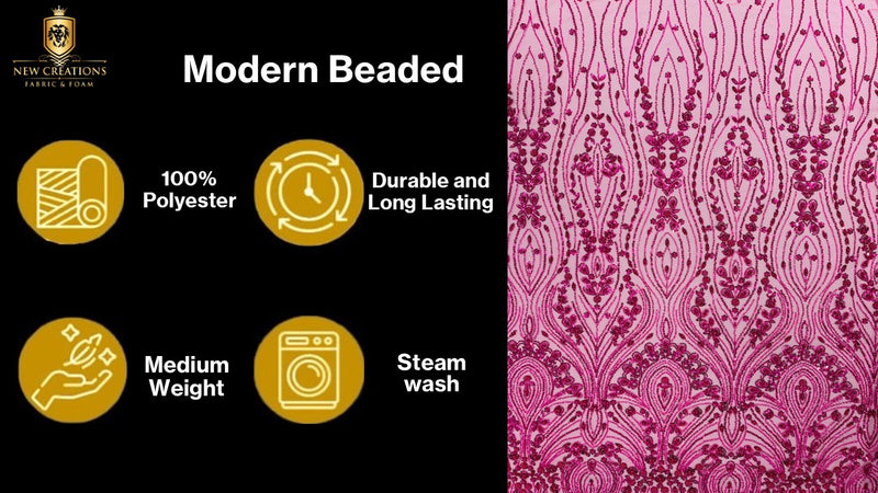 Modern Luxury Beaded Fabric Embroidered on a Mesh Lace, Sold by The Yard.