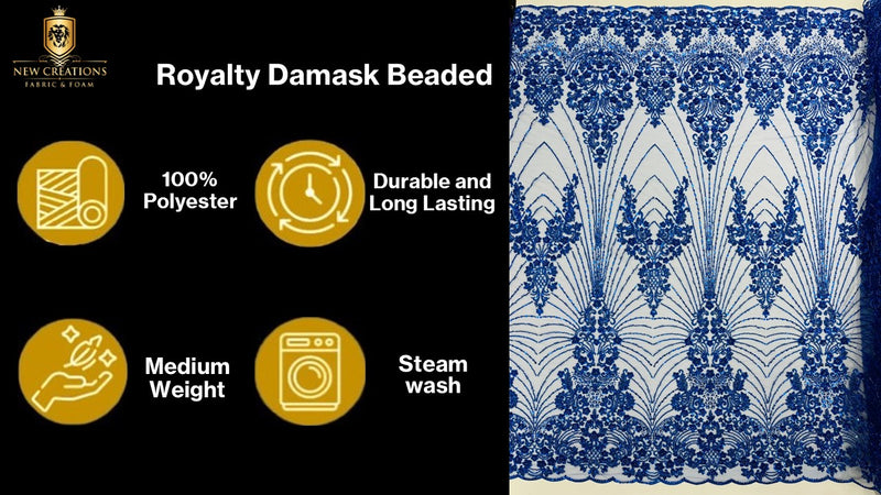 Royalty Damask Beaded Lace Luxury on Mesh, by The Yard.