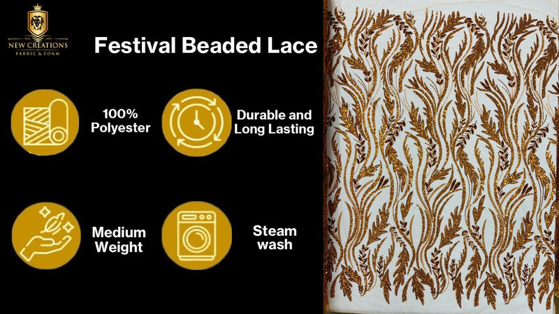 Luxury Festival Beaded Vine Lace Fabric, by The Yard.