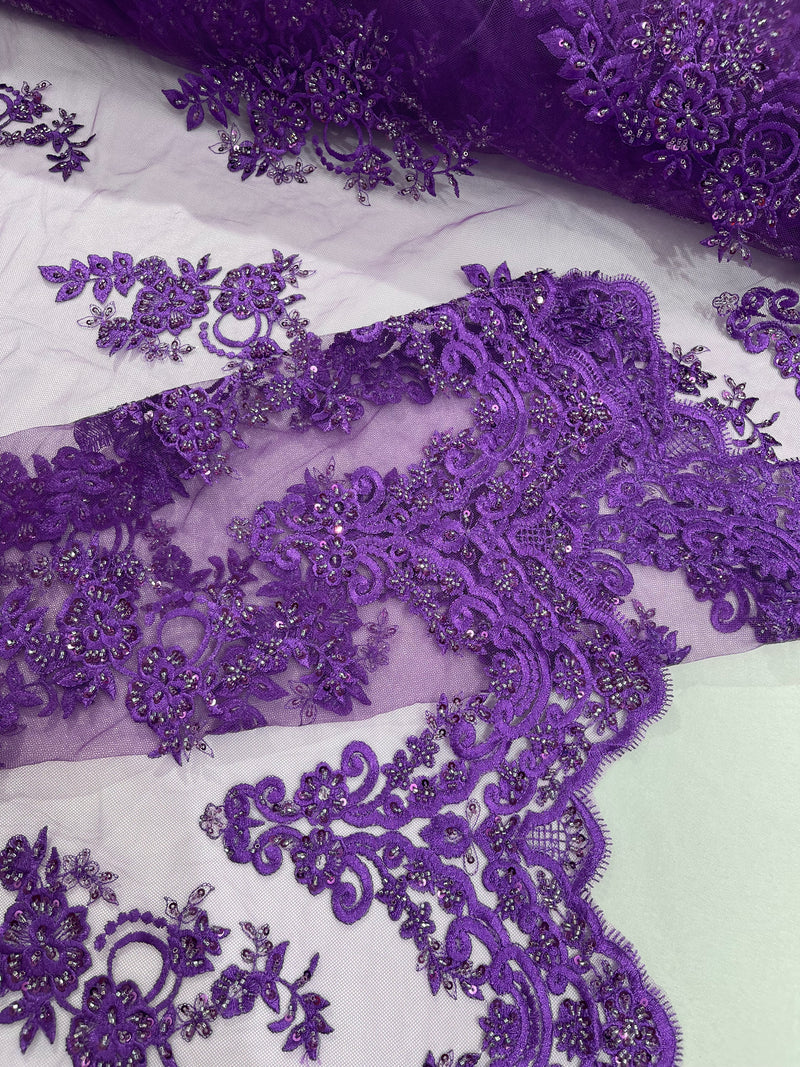 ELEGANT BEADED FLORAL LACE ON MESH FABRIC (By The Yard)