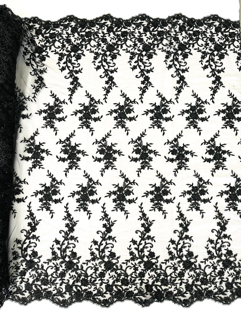 BIG FLORAL DAMASK BEADED MESH LACE FABRIC (By The Yard)