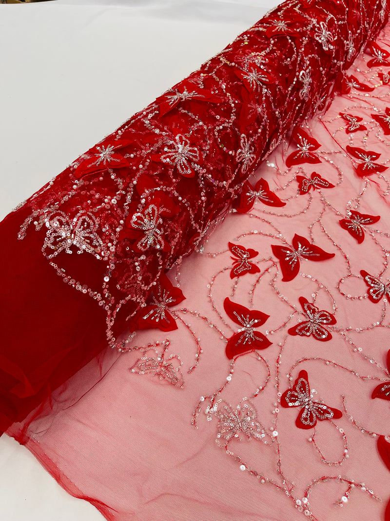 3D BEADED BUTTERFLY LACE ON A MESH FABRIC (By The Yard)