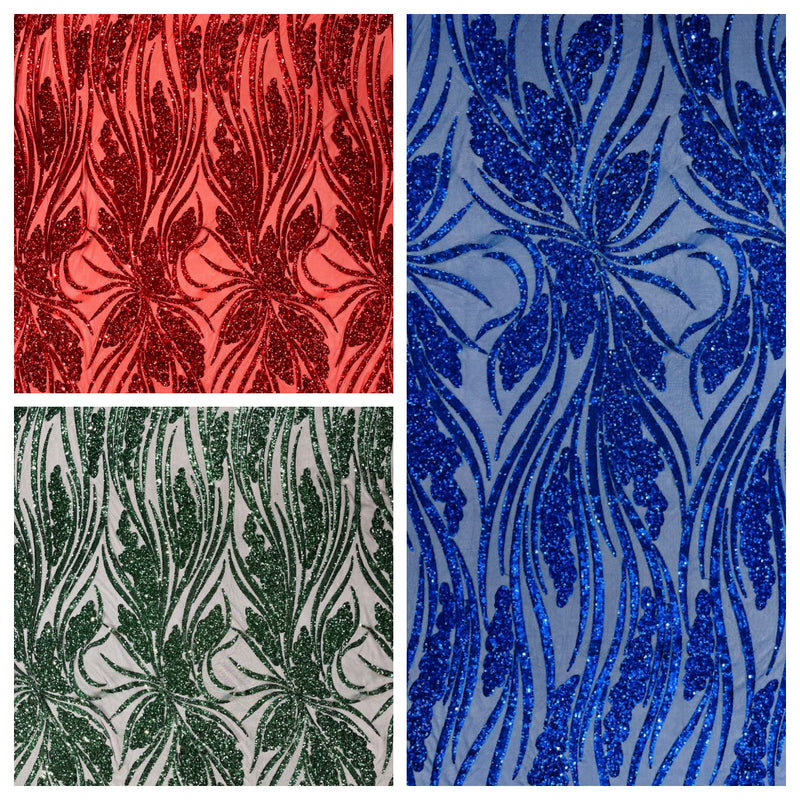 Feather damask shiny sequin design on a 4 way stretch mesh Fabric-prom-sold by The yard.