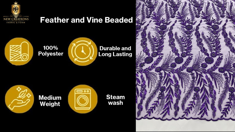 Feather and Vine Beaded Lace Fabric, by The Yard