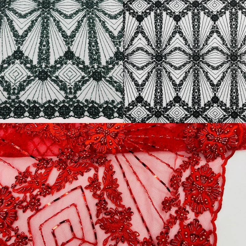 Luxury Bridal Fabric with Geometric Beading on a mesh, by The Yard.