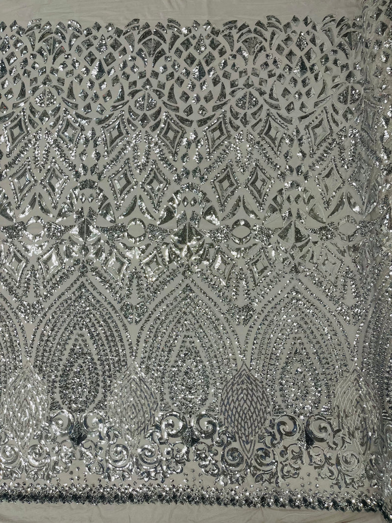 DIAMOND GEOMETRIC SEQUIN ON A STRETCH MESH FABRIC ( By The Yard)