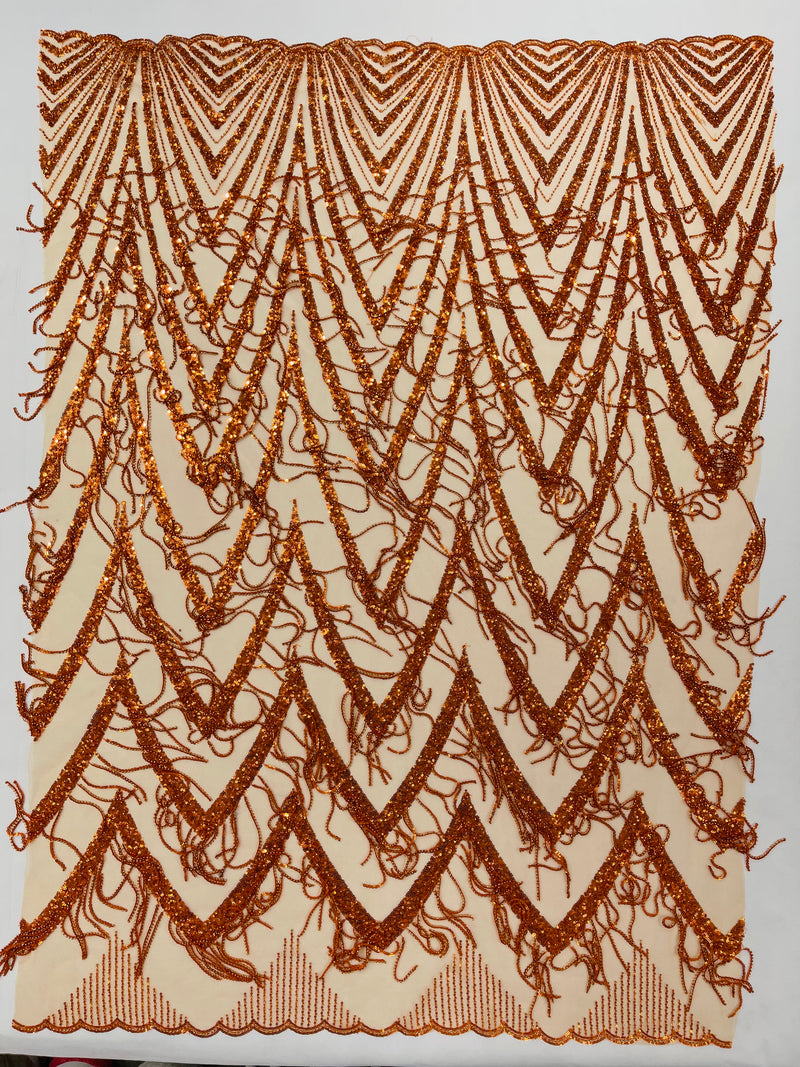 GEOMETRIC BEADED FRINGE DESIGN ON A MESH FABRIC (By The Yard)