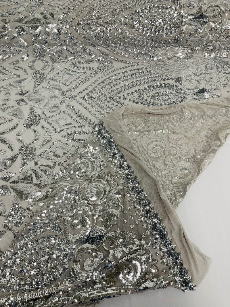 DIAMOND GEOMETRIC SEQUIN ON A STRETCH MESH FABRIC ( By The Yard)