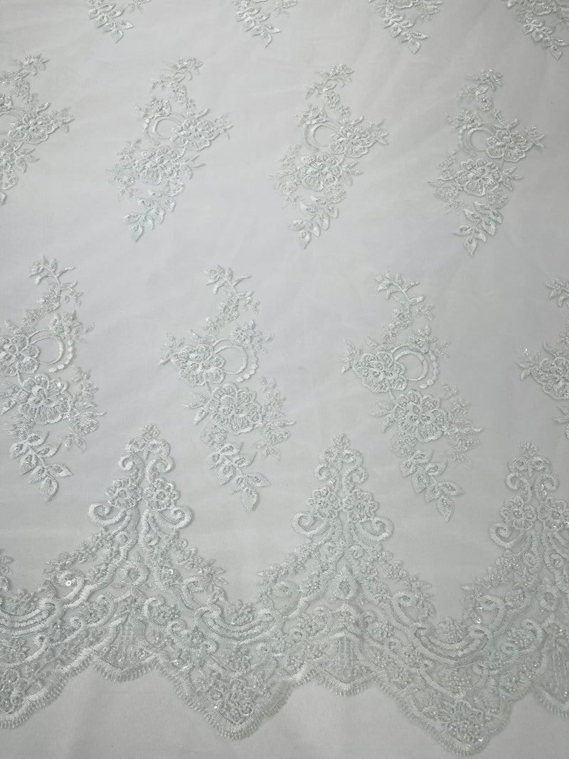 ELEGANT BEADED FLORAL LACE ON MESH FABRIC (By The Yard)