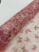 3D Beaded Butterfly Embroidered On A Mesh Fabric| New Creations Fabric & Foam Inc. - New Creations Fabric & Foam Inc