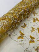 3D Beaded Butterfly Embroidered On A Mesh Fabric| New Creations Fabric & Foam Inc. - New Creations Fabric & Foam Inc