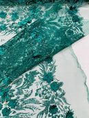 3D Floral Big Glitter Damask Design On A Mesh Lace 54" Wide| New Creations Fabric & Foam Inc. - New Creations Fabric & Foam Inc