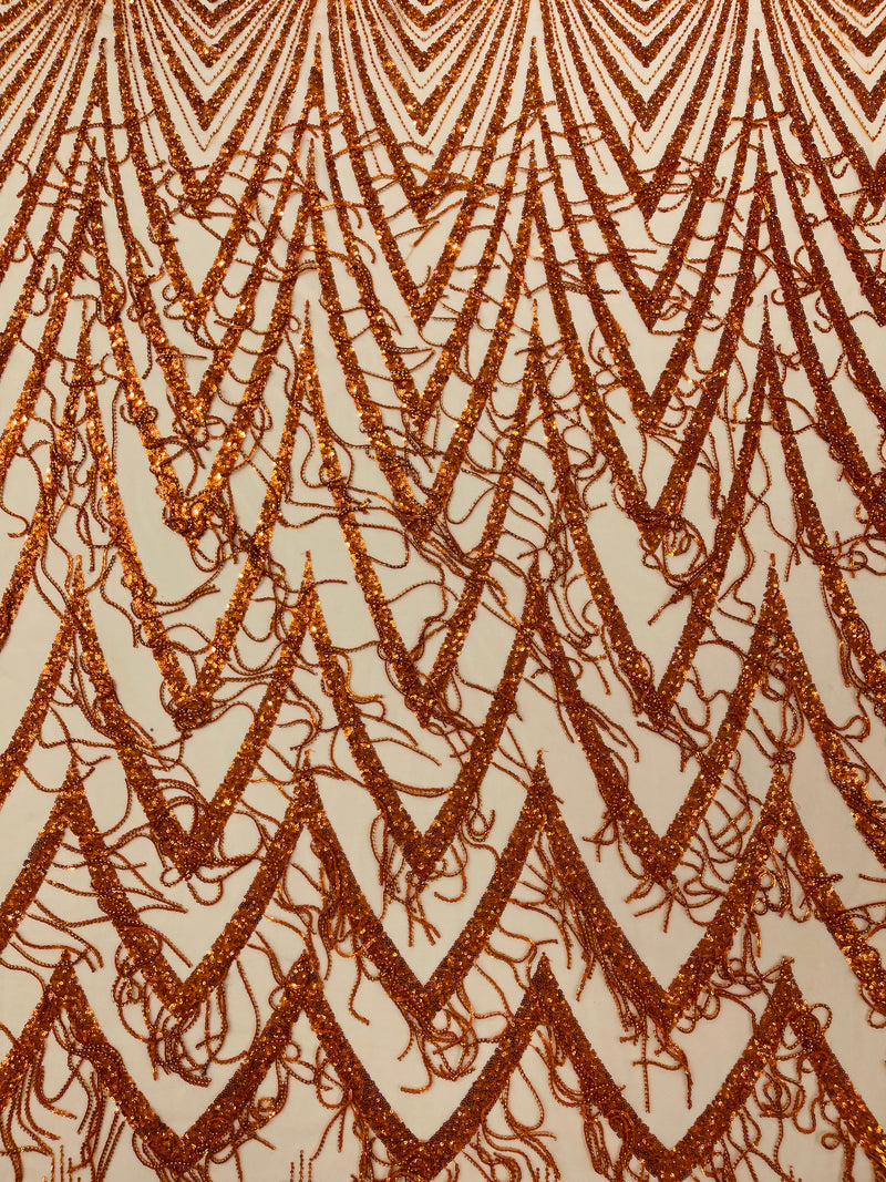 GEOMETRIC BEADED FRINGE DESIGN ON A MESH FABRIC (By The Yard)