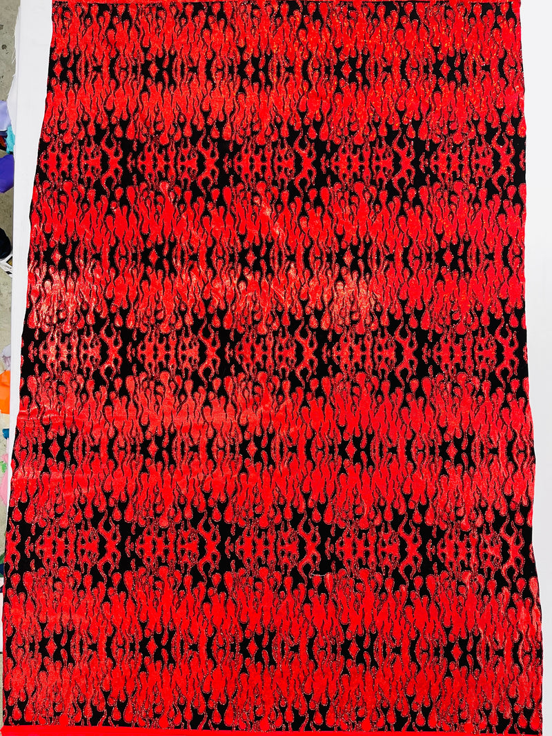 Hot Rod Tricot Holographic 4 Way Spandex With Black Flocking Flames And Red Glitter Fabric-