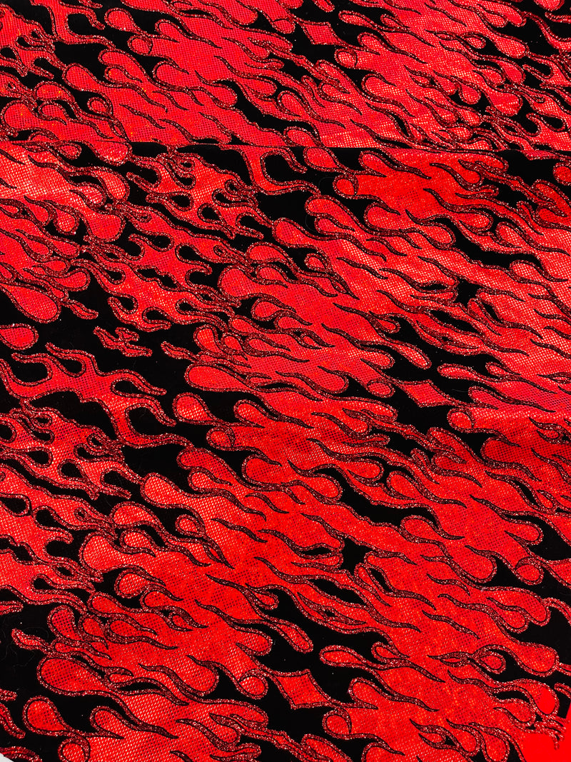 Hot Rod Tricot Holographic 4 Way Spandex With Black Flocking Flames And Red Glitter Fabric-