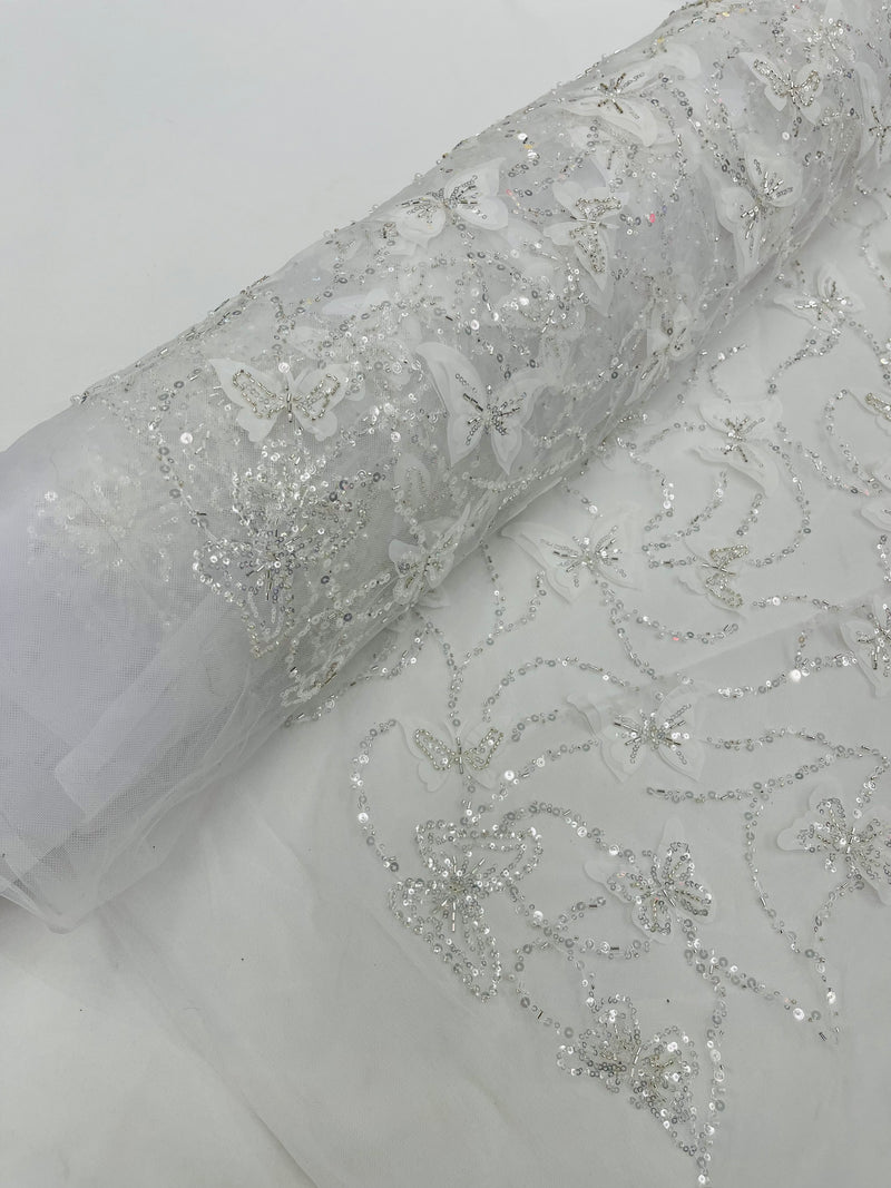3D BEADED BUTTERFLY LACE ON A MESH FABRIC (By The Yard)