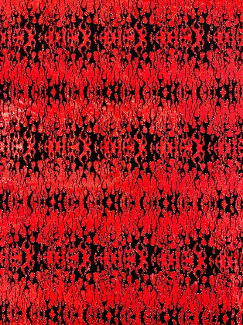 Hot Rod Tricot Holographic 4 Way Spandex With Black Flocking Flames And Red Glitter Fabric-
