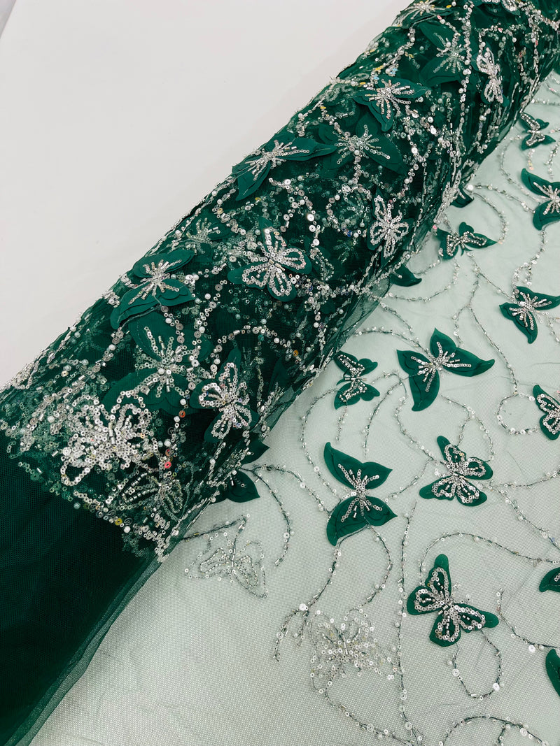 3D BEADED BUTTERFLY LACE ON A MESH FABRIC (By The Yard)