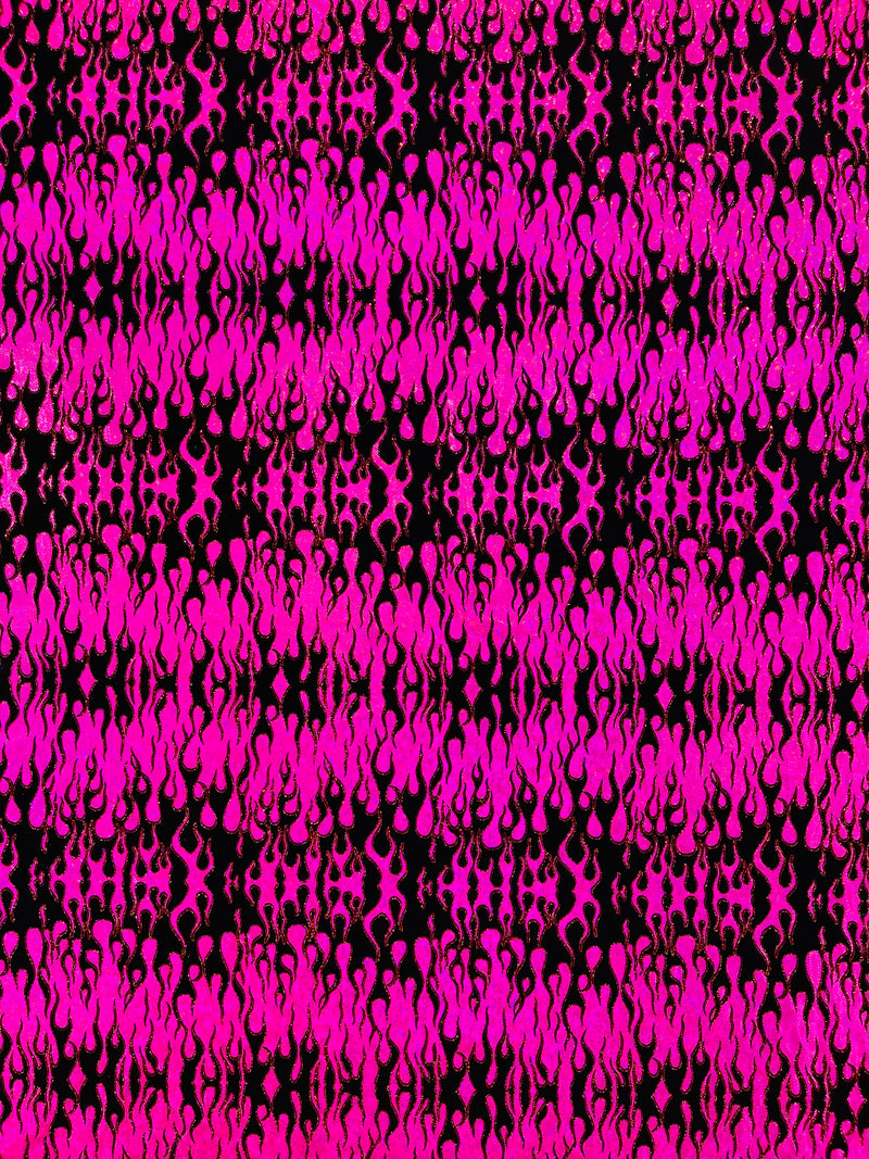 Hot Rod Tricot Holographic 4 Way Spandex With Black Flocking Flames And Red Glitter Fabric-