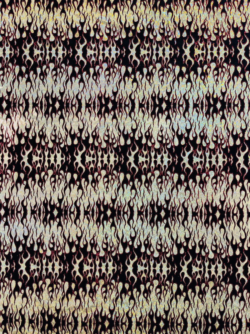 Hot Rod Tricot Holographic 4 Way Spandex With Black Flocking Flames And Red Glitter Fabric-