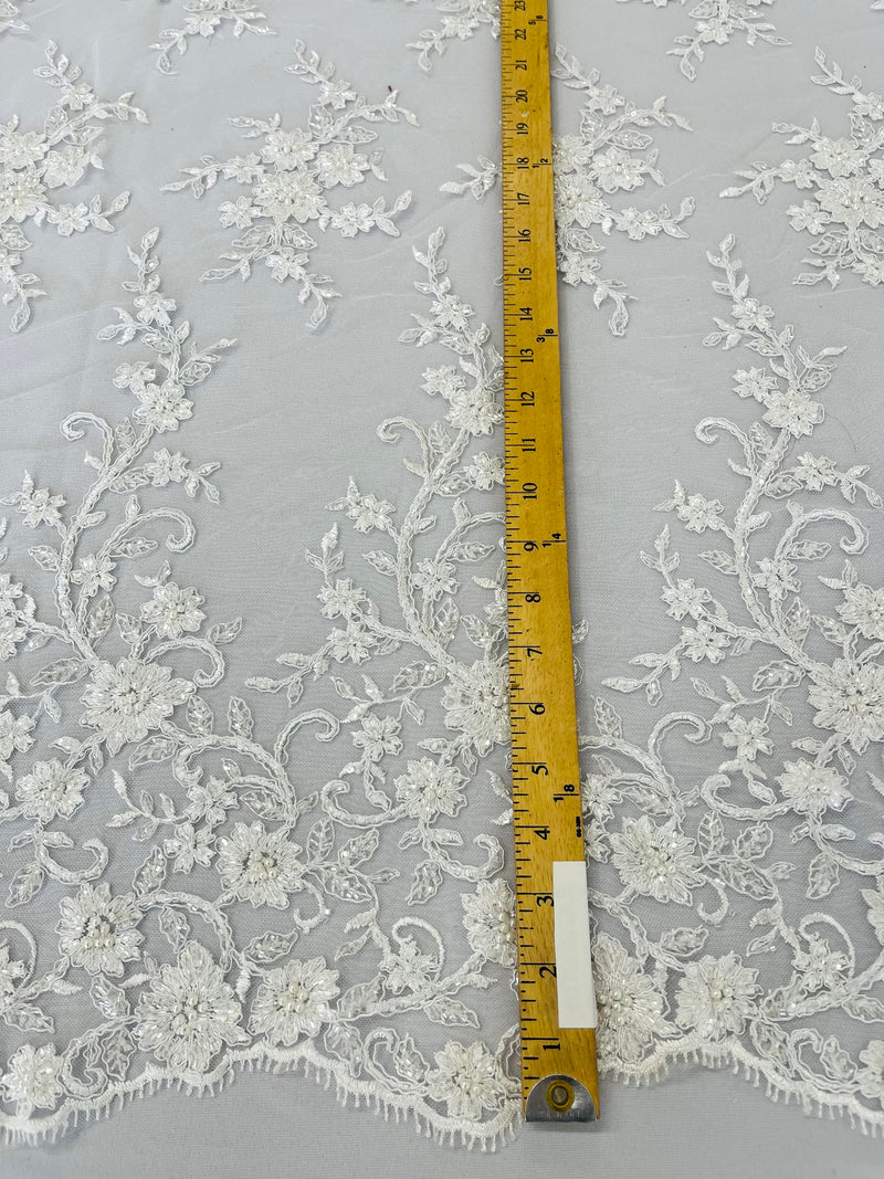 BIG FLORAL DAMASK BEADED MESH LACE FABRIC (By The Yard)