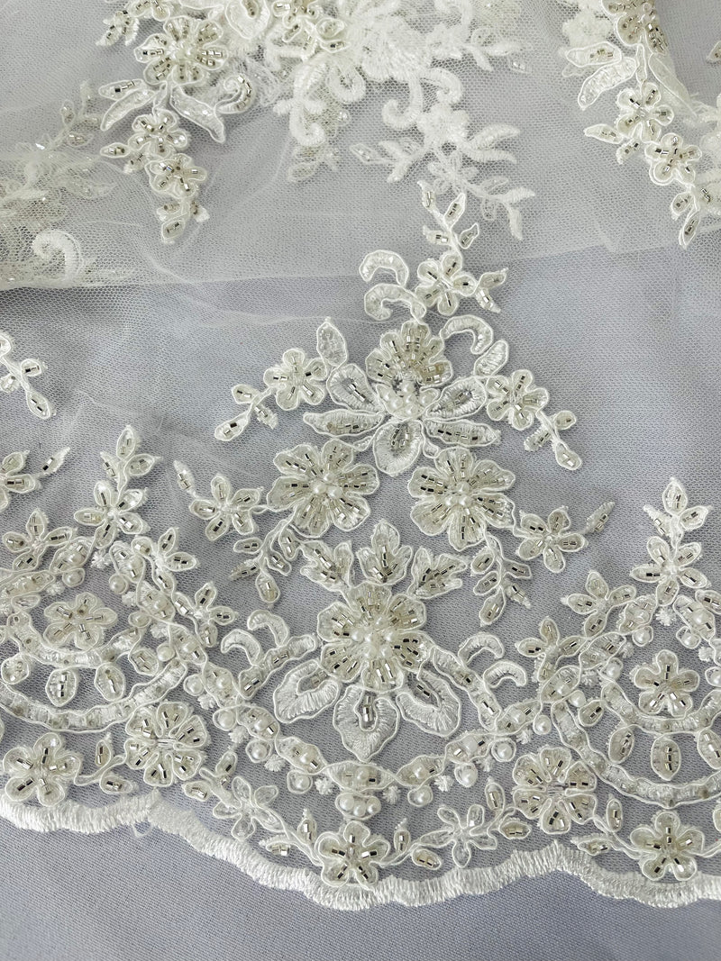 FLORAL DAMASK BEADED LACE ON MESH FABRIC (By The Yard)