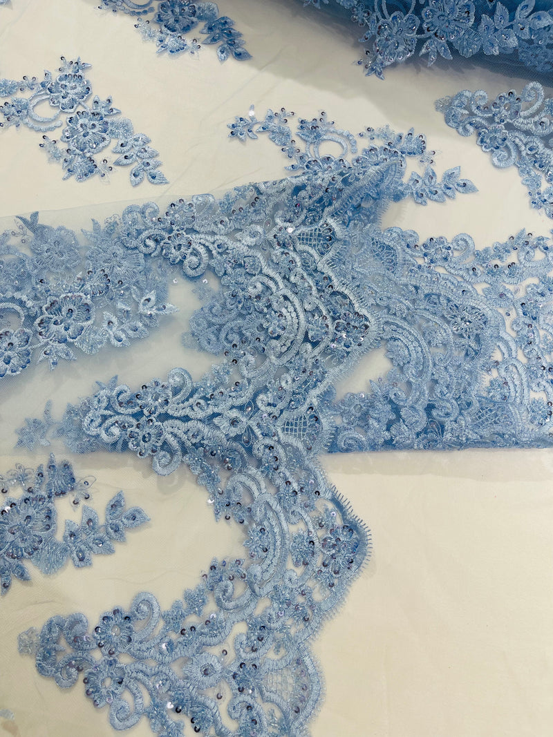 ELEGANT BEADED FLORAL LACE ON MESH FABRIC (By The Yard)