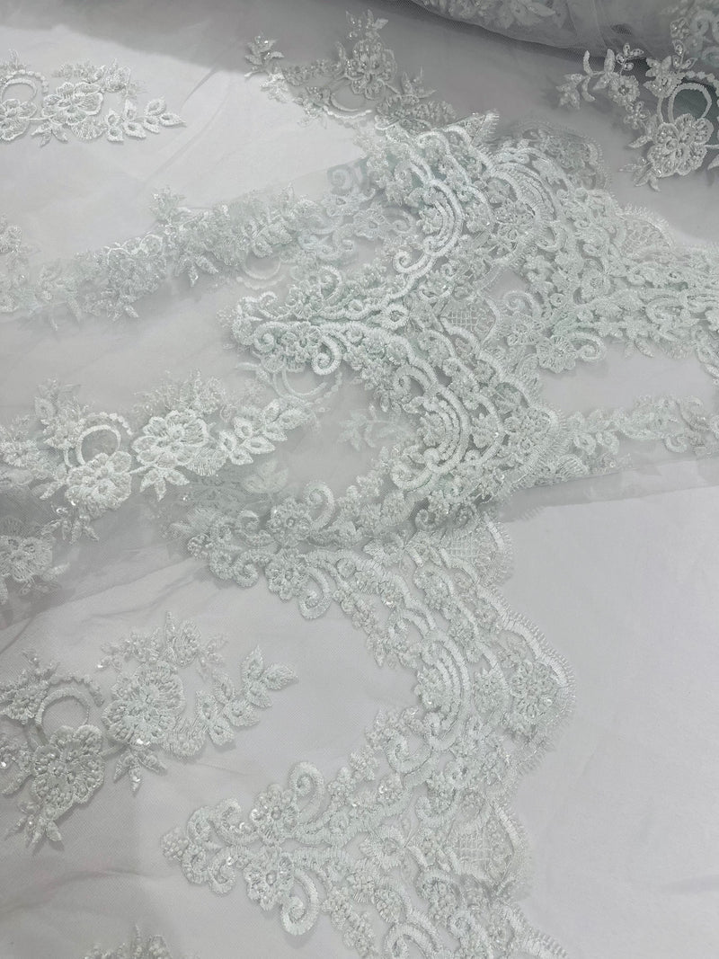 ELEGANT BEADED FLORAL LACE ON MESH FABRIC (By The Yard)