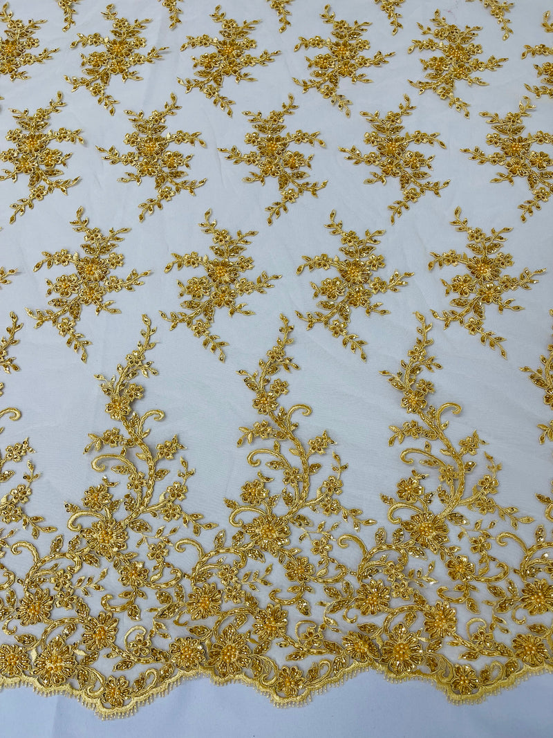 BIG FLORAL DAMASK BEADED MESH LACE FABRIC (By The Yard)