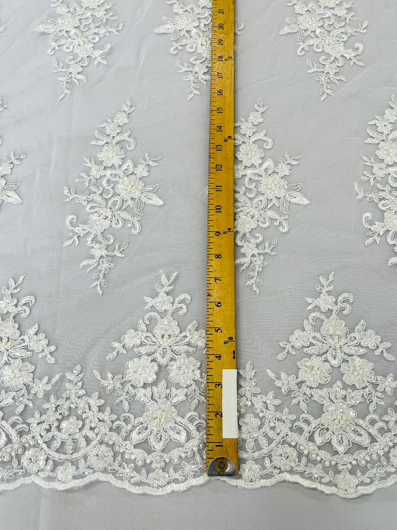 FLORAL DAMASK BEADED LACE ON MESH FABRIC (By The Yard)