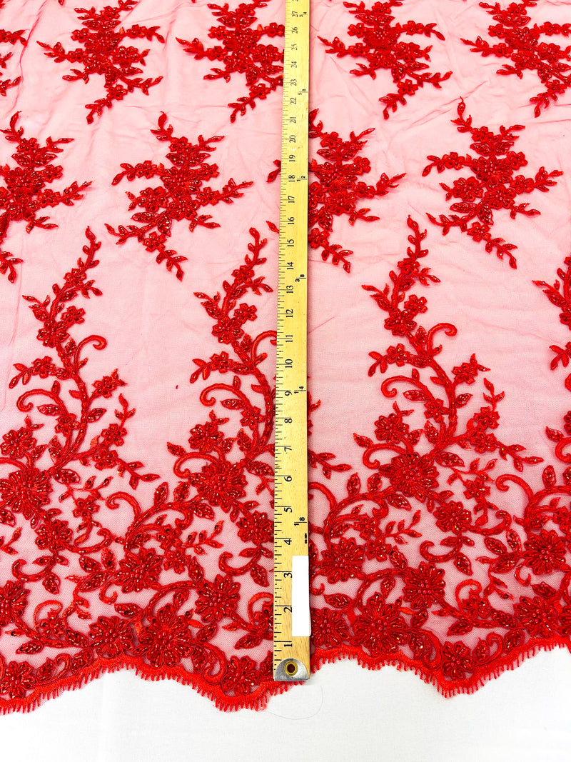 BIG FLORAL DAMASK BEADED MESH LACE FABRIC (By The Yard)