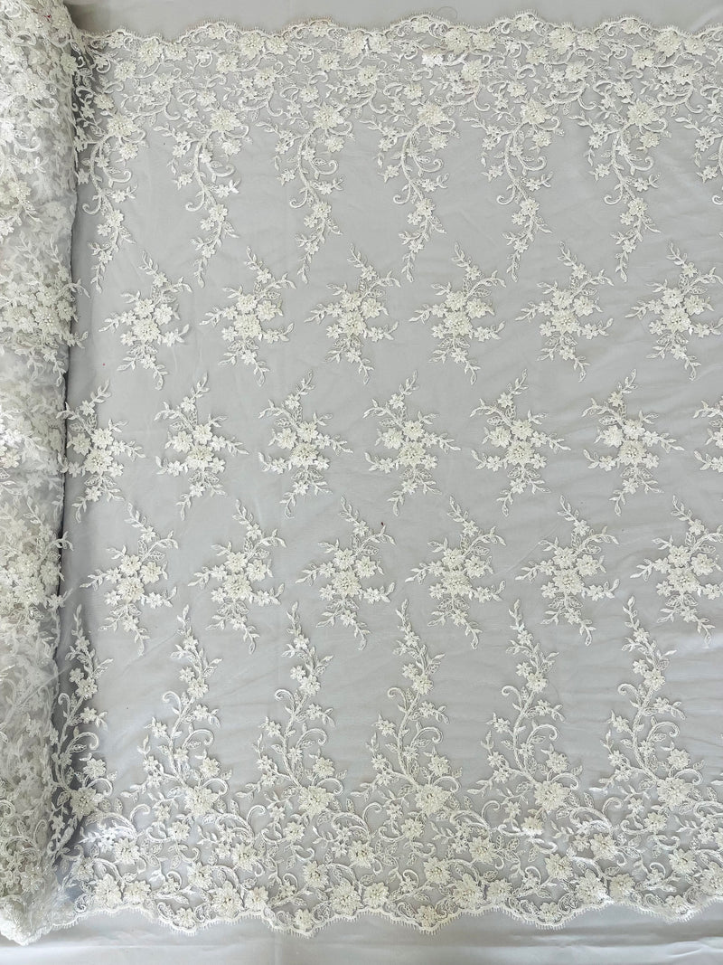 BIG FLORAL DAMASK BEADED MESH LACE FABRIC (By The Yard)