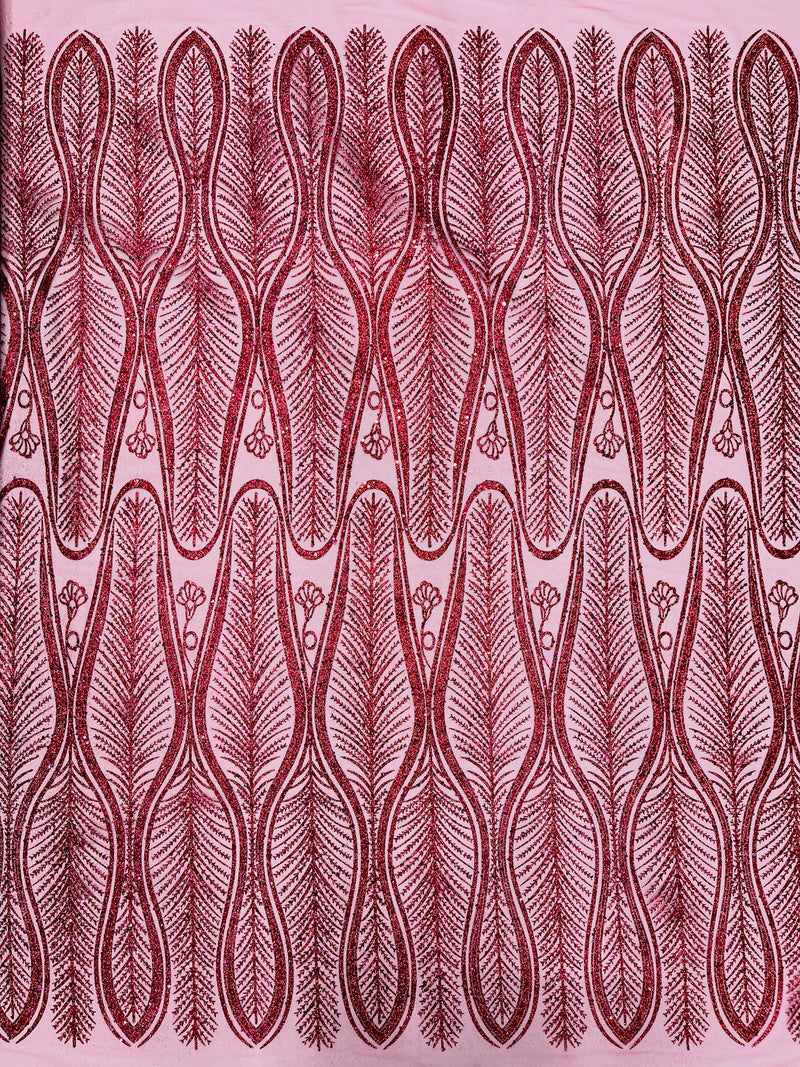 GLITTER FEATHER DAMASK DESIGN MESH LACE FABRIC (By The Yard)