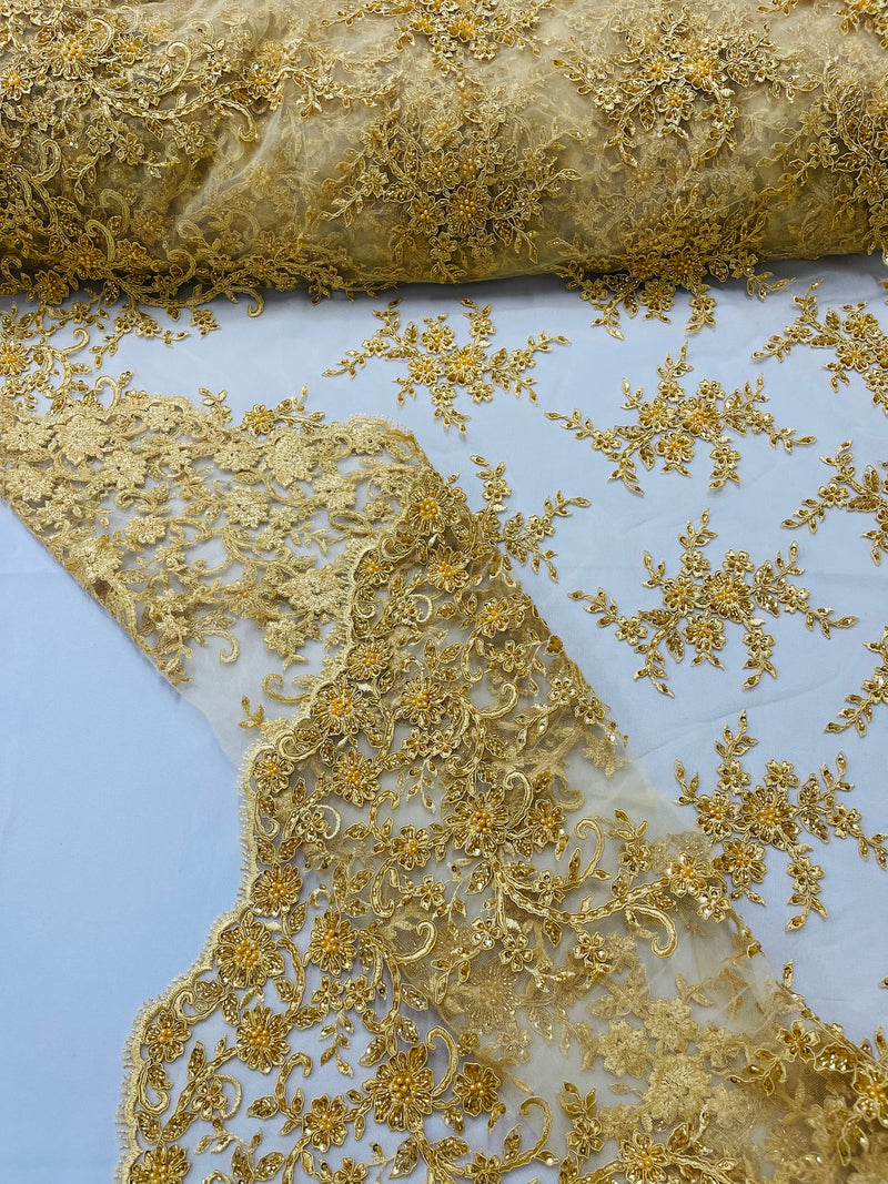 BIG FLORAL DAMASK BEADED MESH LACE FABRIC (By The Yard)