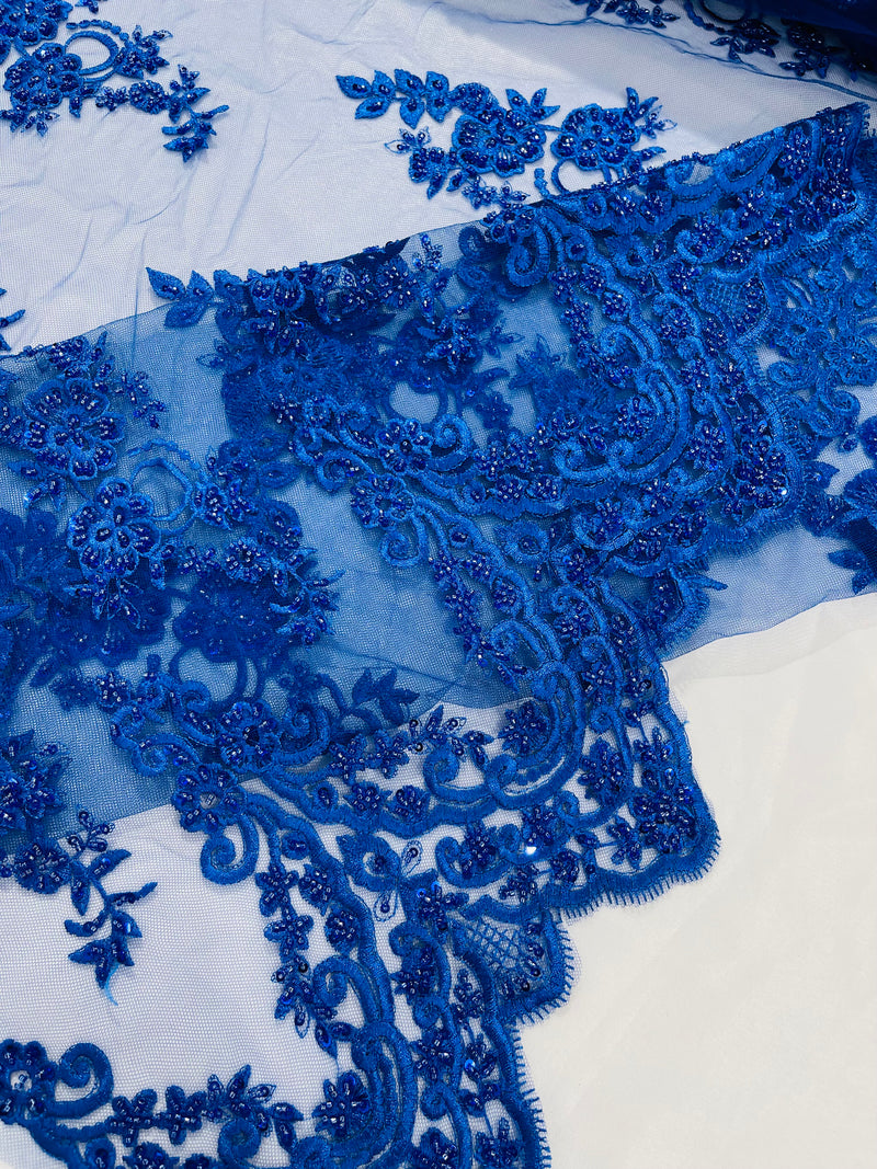 ELEGANT BEADED FLORAL LACE ON MESH FABRIC (By The Yard)