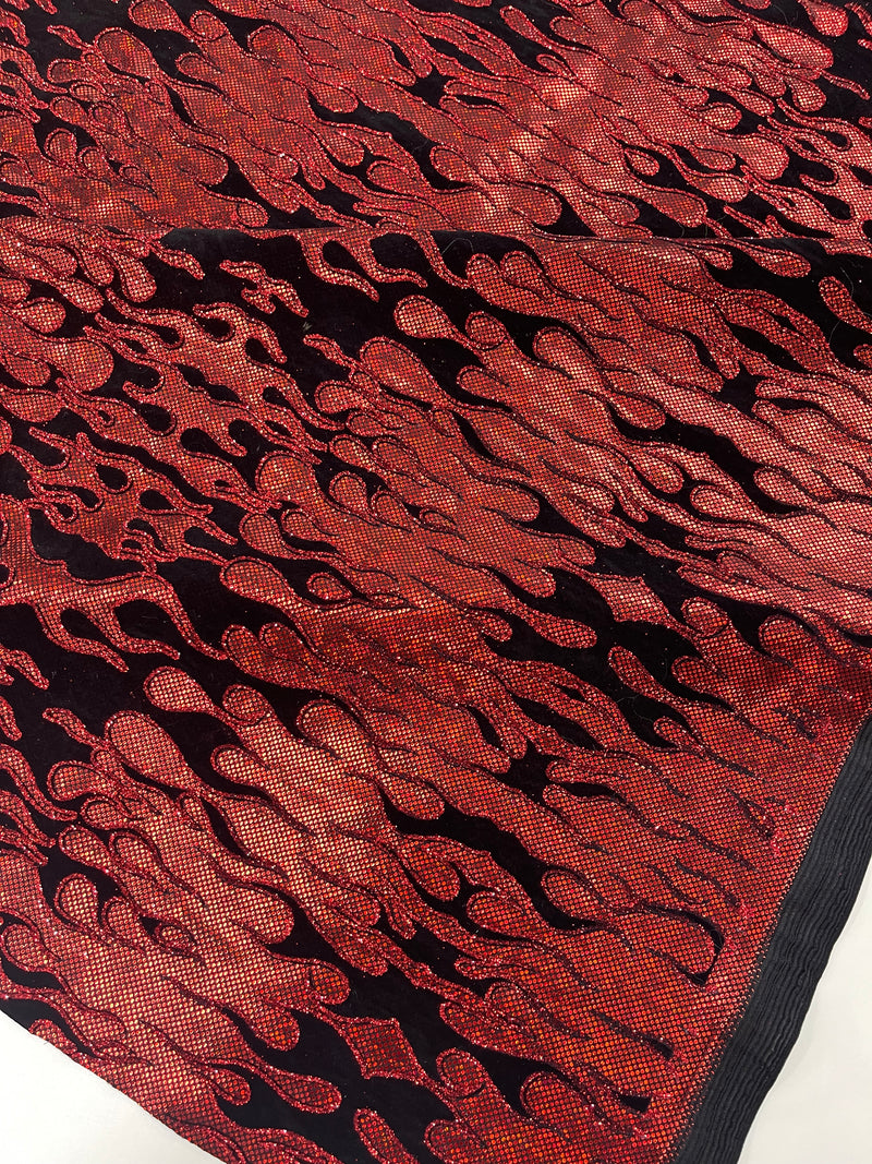 Hot Rod Tricot Holographic 4 Way Spandex With Black Flocking Flames And Red Glitter Fabric-