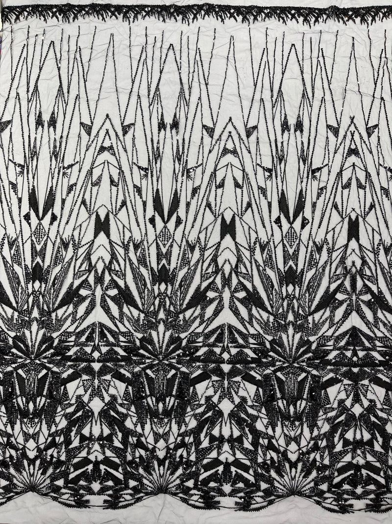 GEOMETRIC BEADED DESIGN ON A MESH LACE FABRIC (By The Yard)