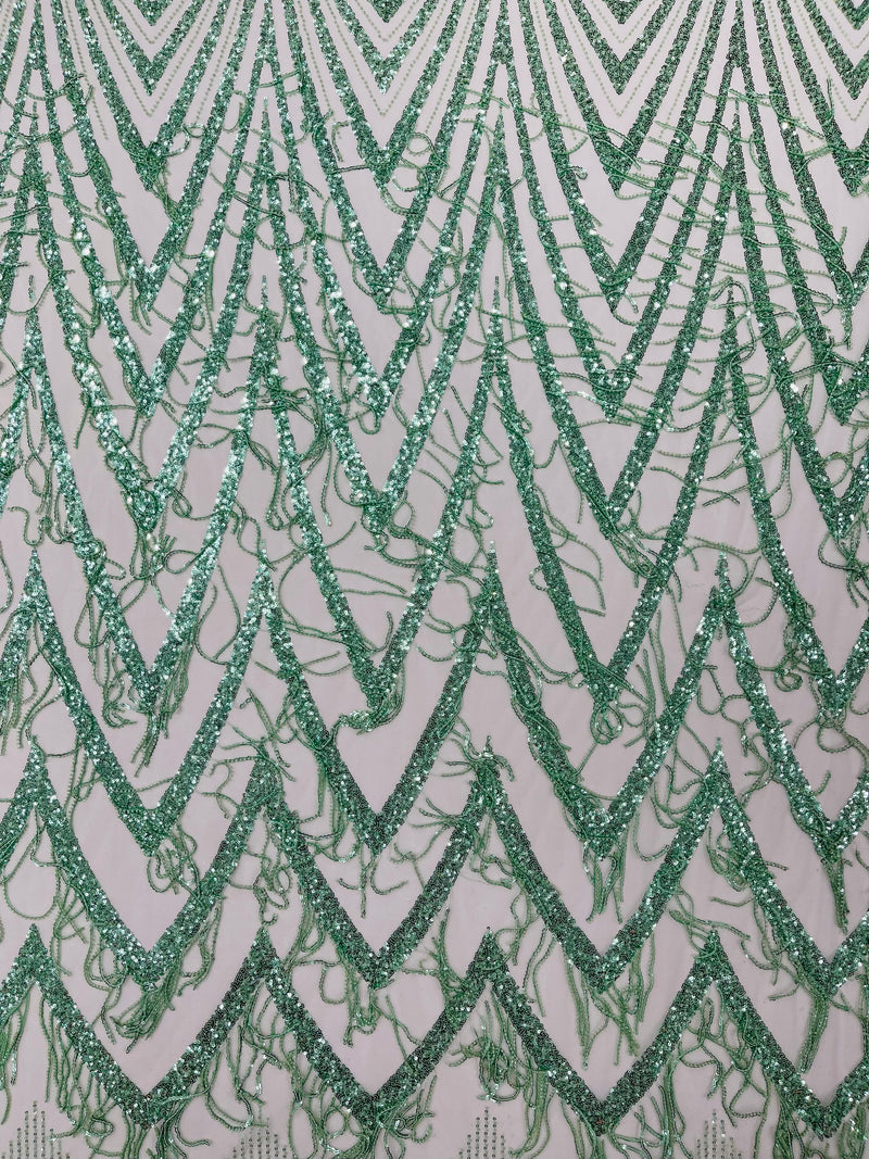 GEOMETRIC BEADED FRINGE DESIGN ON A MESH FABRIC (By The Yard)